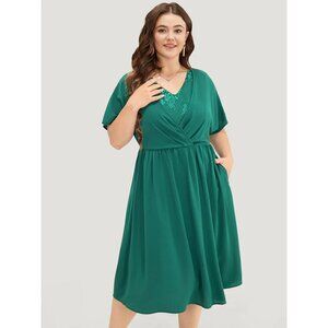 NWT BloomChic Plain Lace Patchwork Pleated Pocket Ruffle Hem Dress 12/L